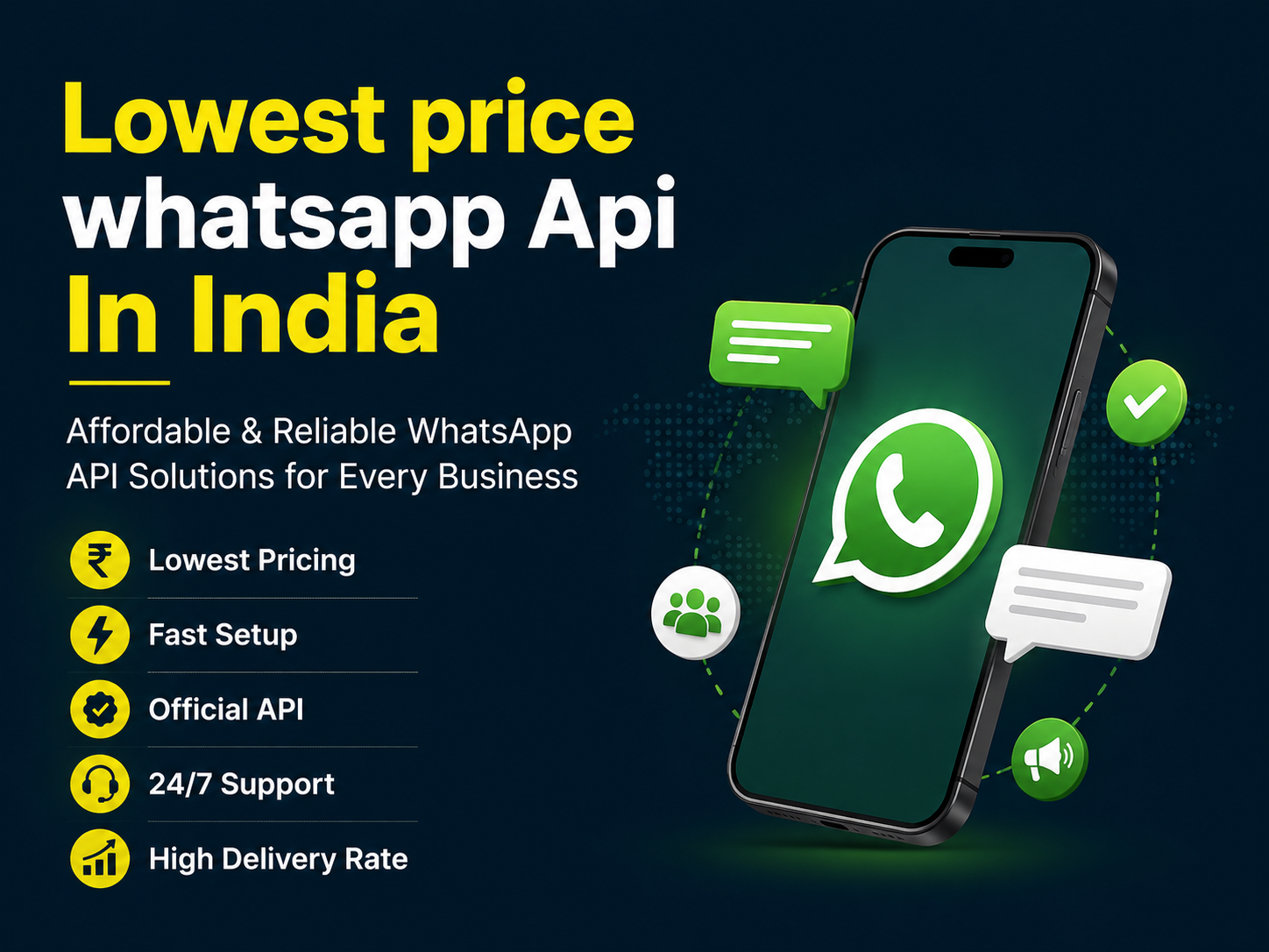 Lowest Price WhatsApp API in India with bulk messaging, fast setup, official API integration, high delivery rate, and 24/7 support.
